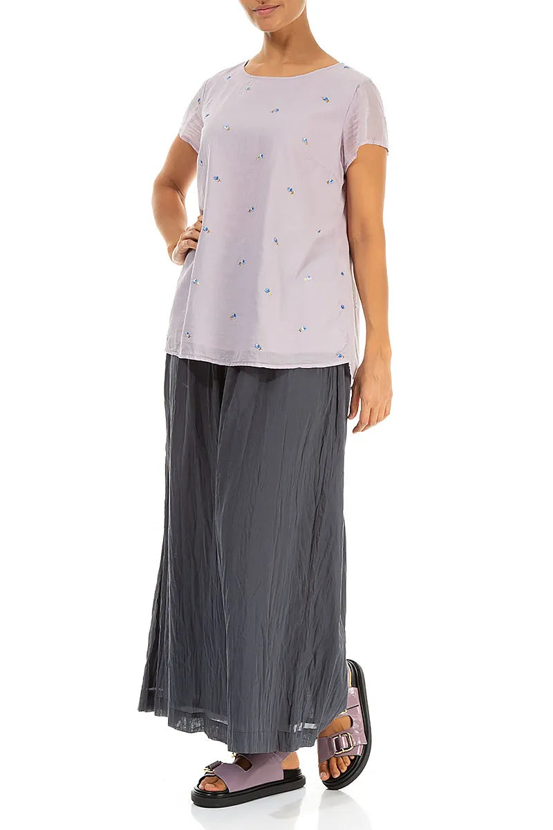 Short Sleeves Lilac Embroidered Petals Cotton Top 4