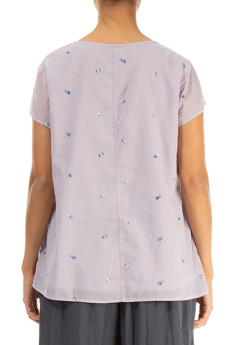 Short Sleeves Lilac Embroidered Petals Cotton Top 2