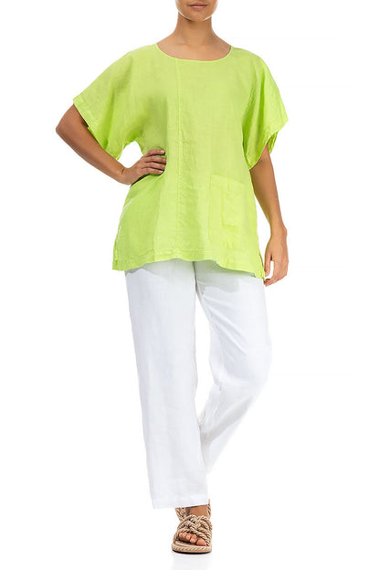 Short Sleeves Lime Linen Blouse 4