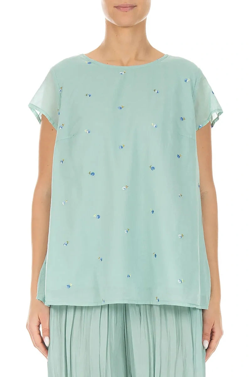 Short Sleeves Mint Embroidered Petals Cotton Top 1