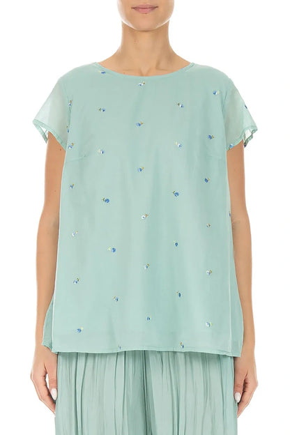 Short Sleeves Mint Embroidered Petals Cotton Top 1