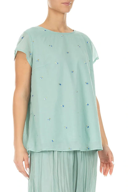 Short Sleeves Mint Embroidered Petals Cotton Top 3