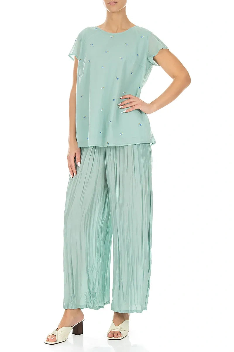Short Sleeves Mint Embroidered Petals Cotton Top 4