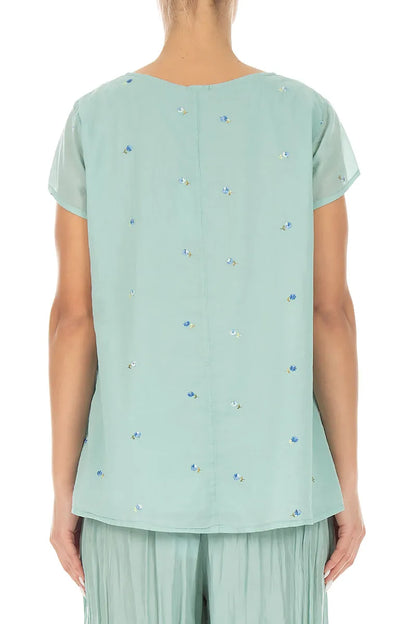 Short Sleeves Mint Embroidered Petals Cotton Top 2