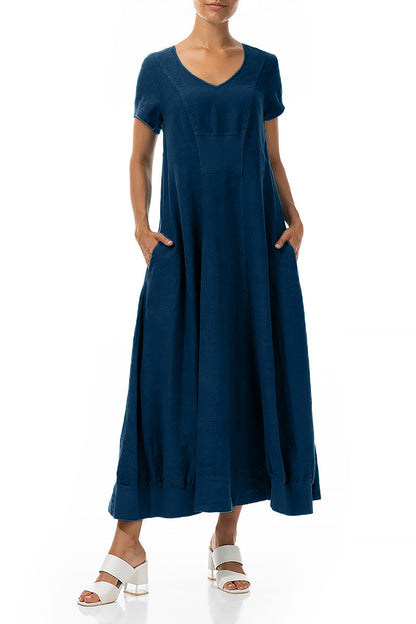 Kurzärmliges marineblaues Leinen-Maxikleid