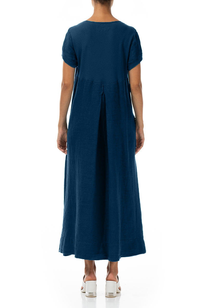 Kurzärmliges marineblaues Leinen-Maxikleid
