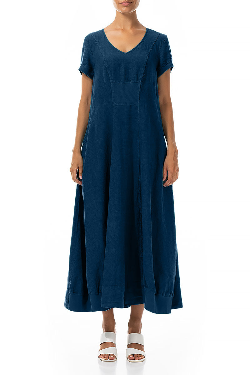 Kurzärmliges marineblaues Leinen-Maxikleid