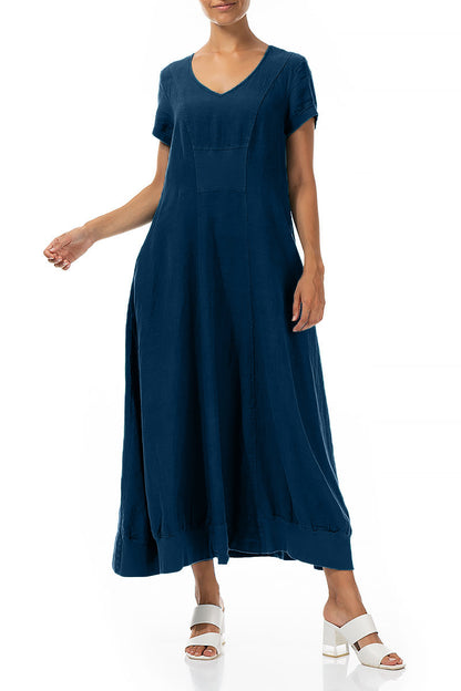 Kurzärmliges marineblaues Leinen-Maxikleid