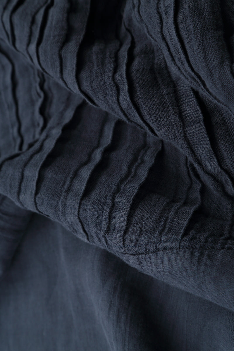 Short Sleeves Navy Pleated Linen Dress
