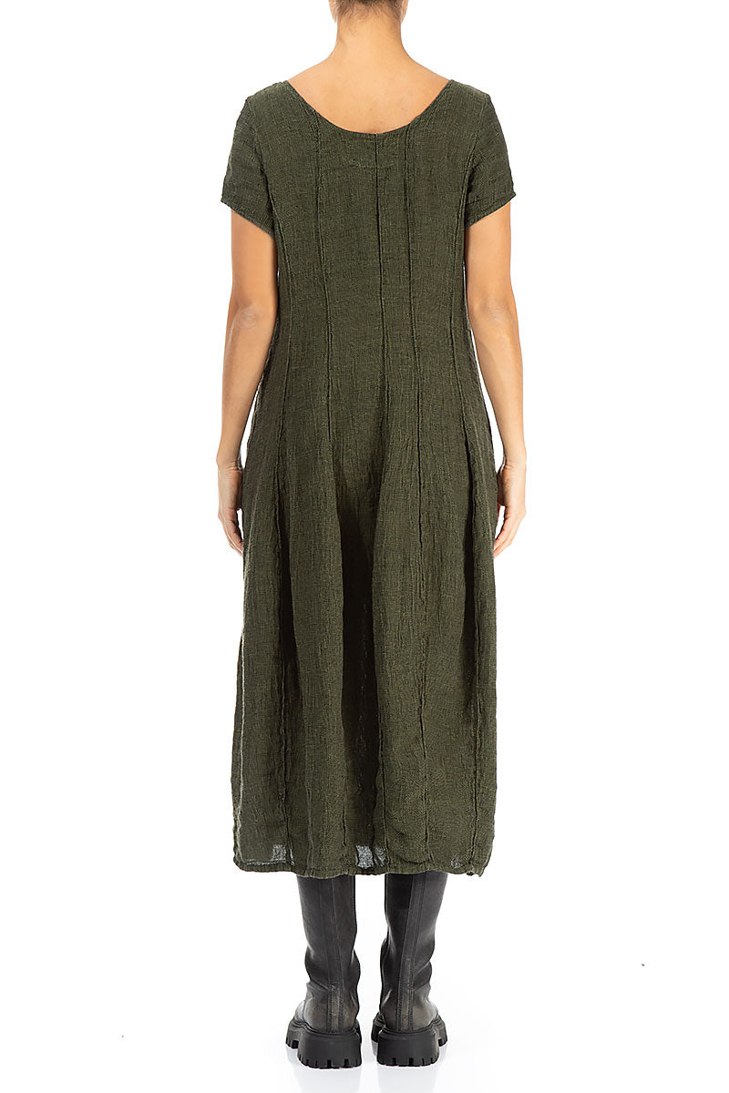 Short Sleeves Olive Mélange Linen Dress