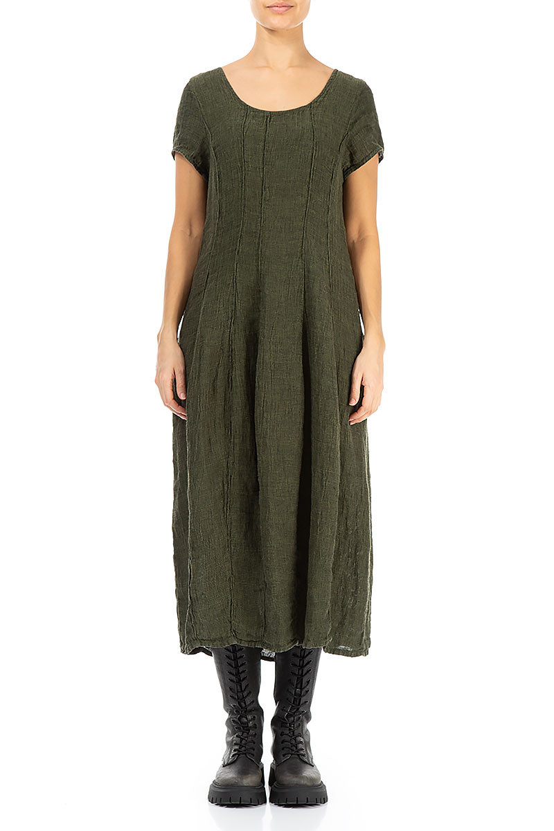 Short Sleeves Olive Mélange Linen Dress