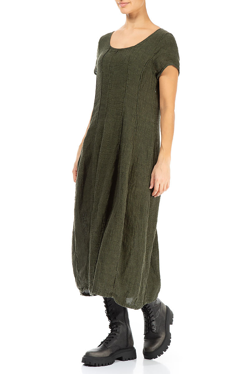 Short Sleeves Olive Mélange Linen Dress