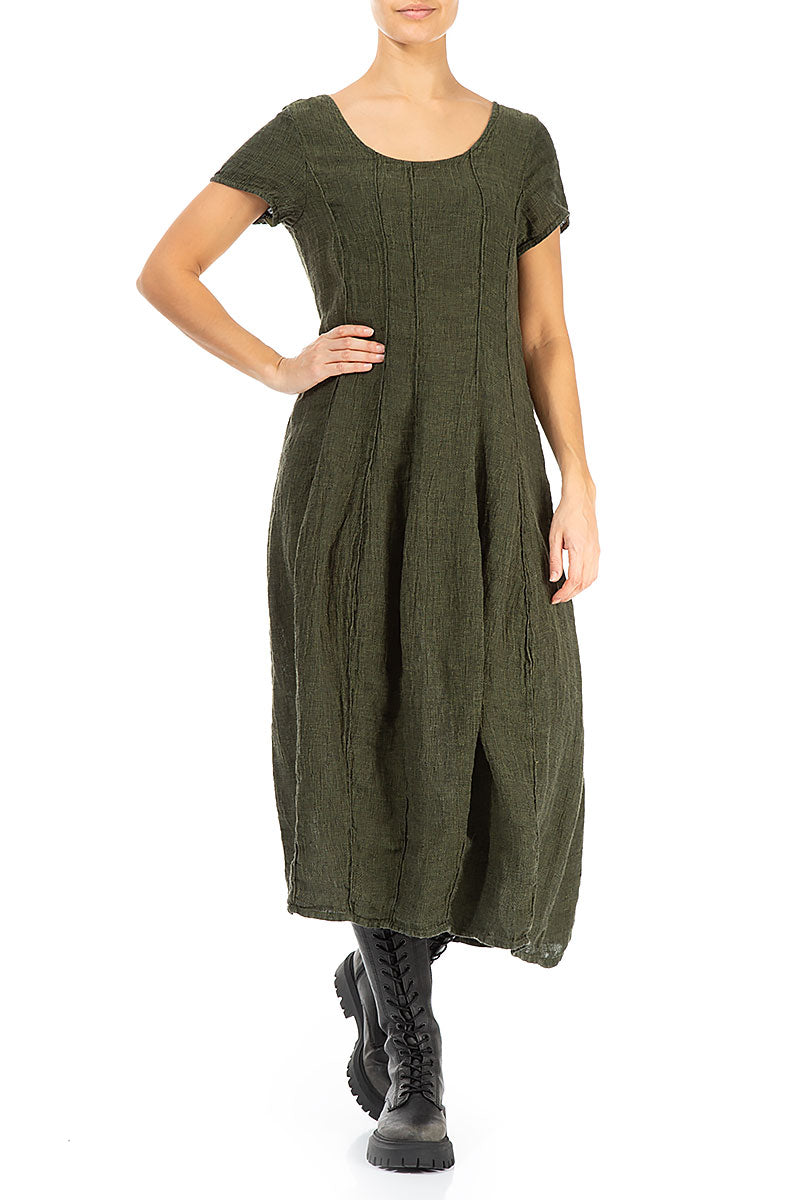 Short Sleeves Olive Mélange Linen Dress