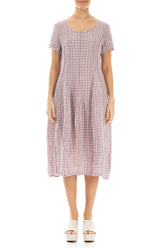Short Sleeves Pink Check Linen Dress 1