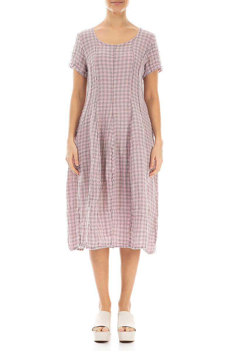 Short Sleeves Pink Check Linen Dress 1