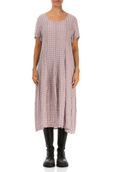 Short Sleeves Pink Check Linen Dress 1