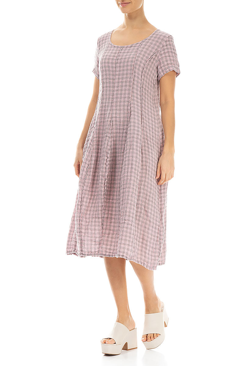 Short Sleeves Pink Check Linen Dress 3