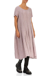 Short Sleeves Pink Check Linen Dress 3