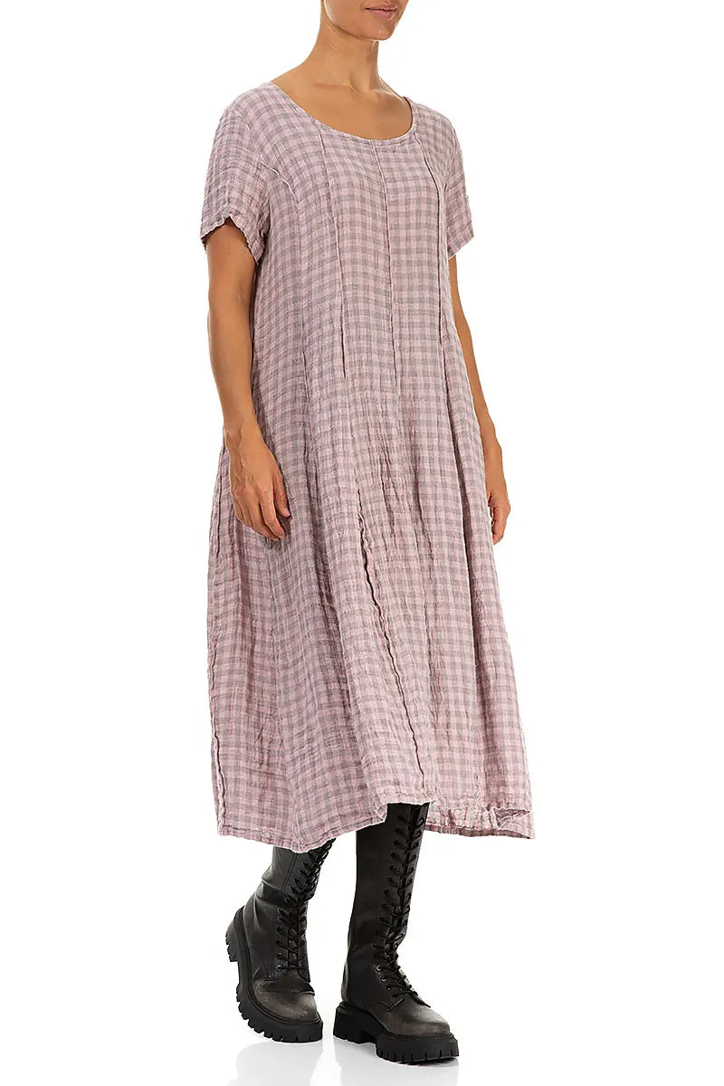 Short Sleeves Pink Check Linen Dress 3