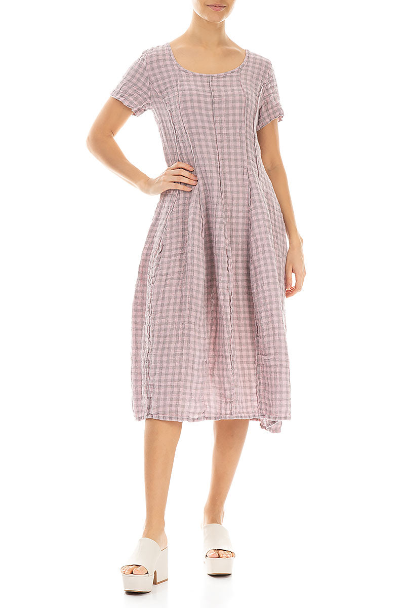 Short Sleeves Pink Check Linen Dress 4