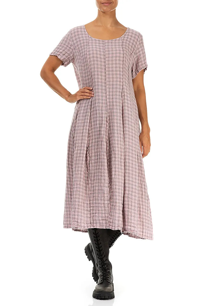 Short Sleeves Pink Check Linen Dress 4