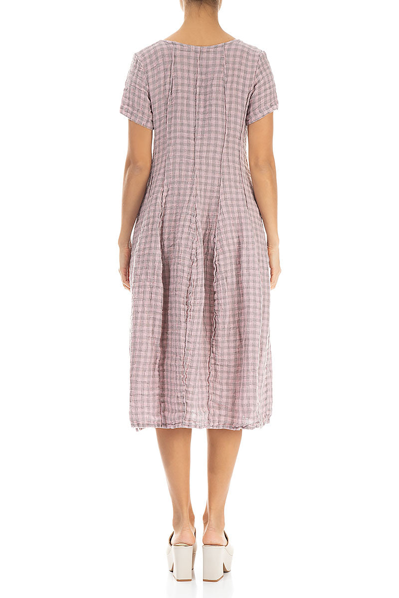 Short Sleeves Pink Check Linen Dress 2