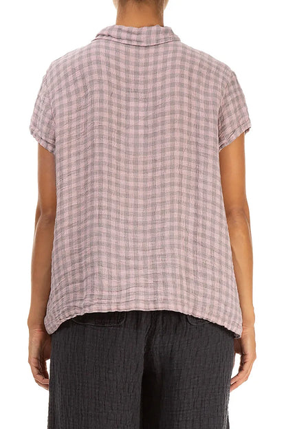 Short Sleeves Pink Check Linen Jacket 2