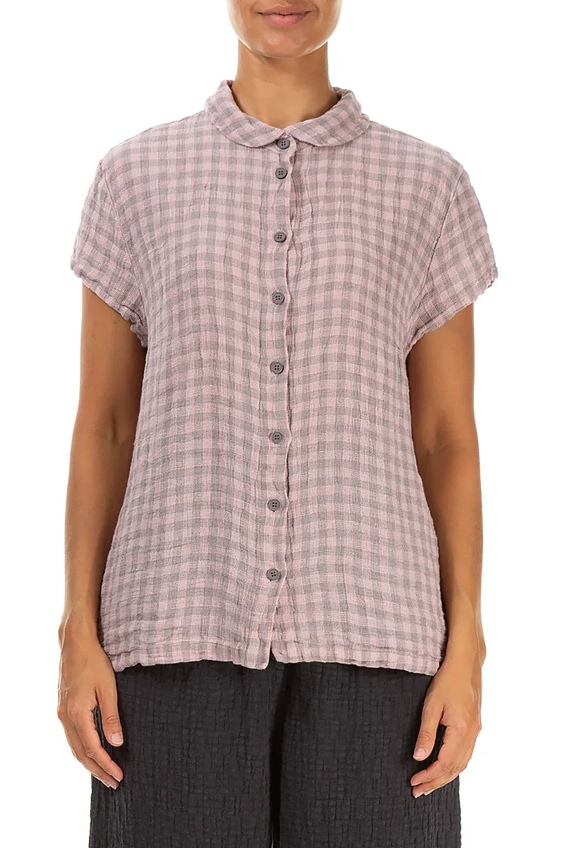 Short Sleeves Pink Check Linen Jacket 1