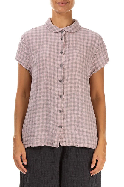 Short Sleeves Pink Check Linen Jacket 1