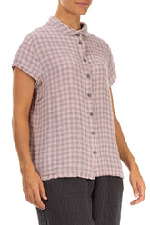 Short Sleeves Pink Check Linen Jacket 3