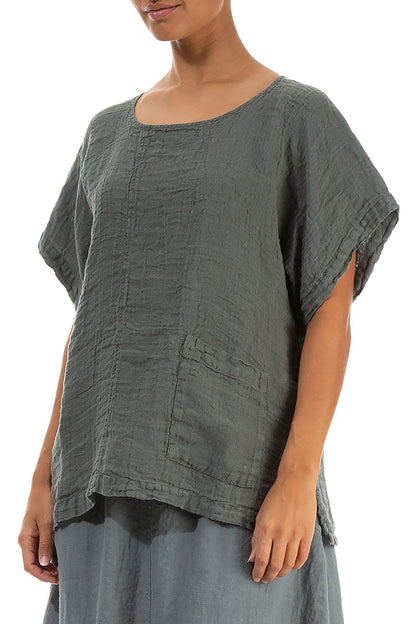 Short Sleeves Sage Linen Blouse 3