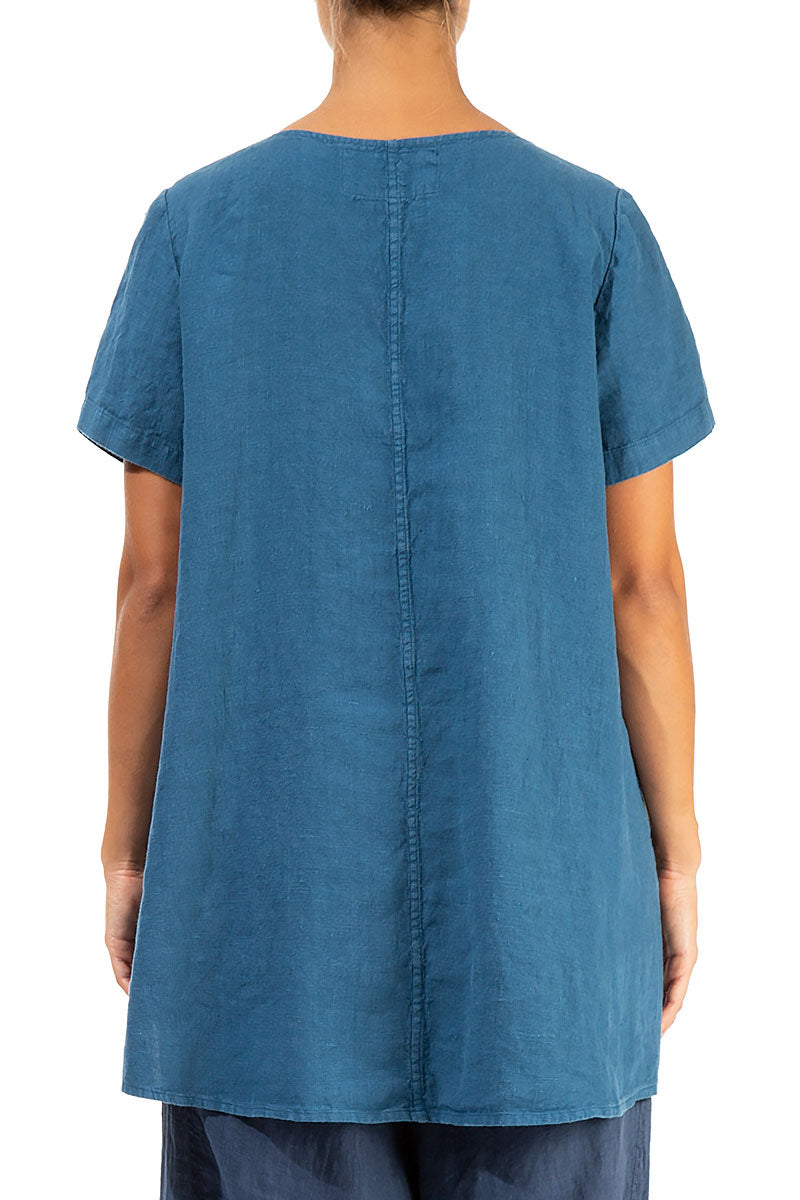 Short Sleeves Side Pocket Blue Linen Tunic