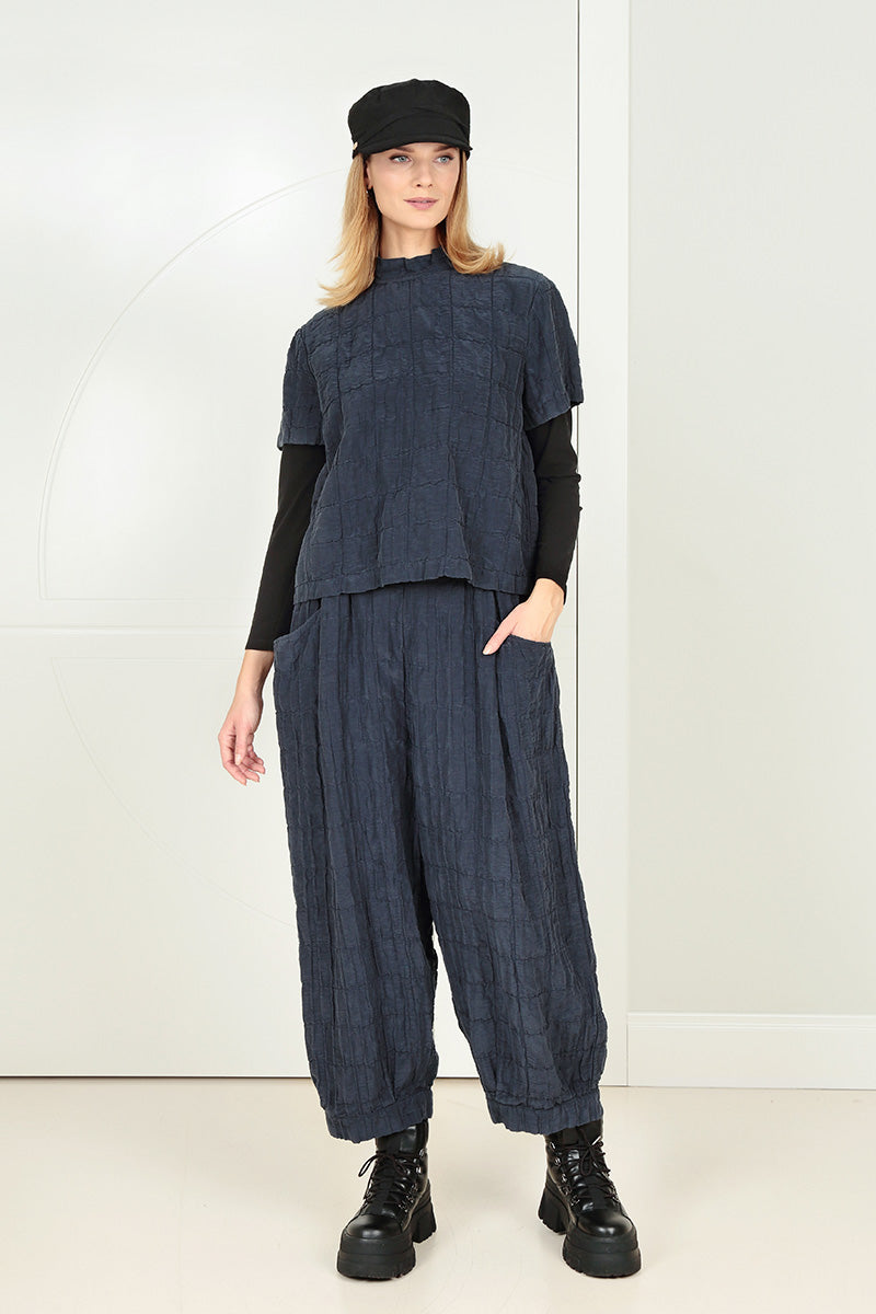 Short Sleeves Slate Blue Pleated Silk Linen Blouse 6