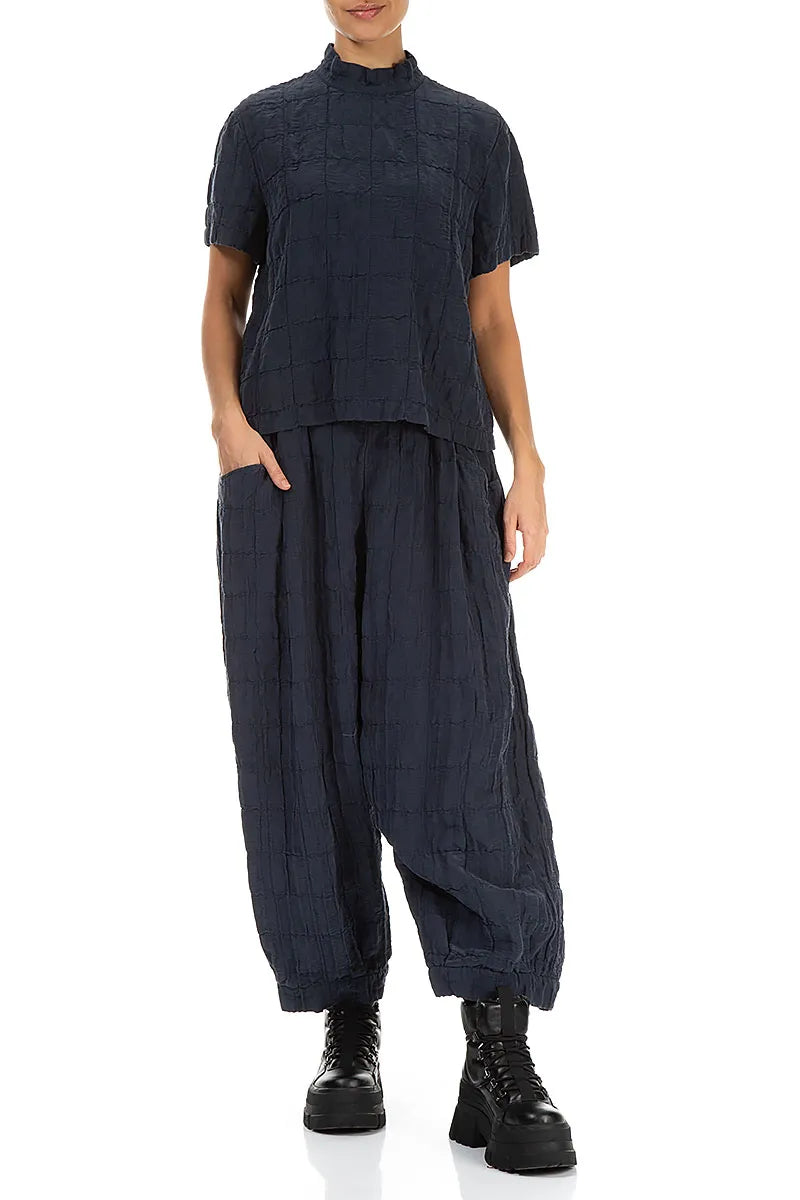 Short Sleeves Slate Blue Pleated Silk Linen Blouse 4