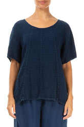 Short Sleeves Textured Navy Linen Blouse 1