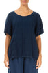 Short Sleeves Textured Navy Linen Blouse 1