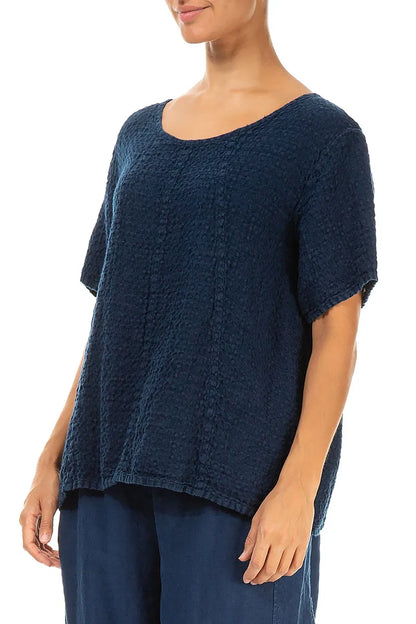 Short Sleeves Textured Navy Linen Blouse 3