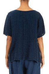 Short Sleeves Textured Navy Linen Blouse 2