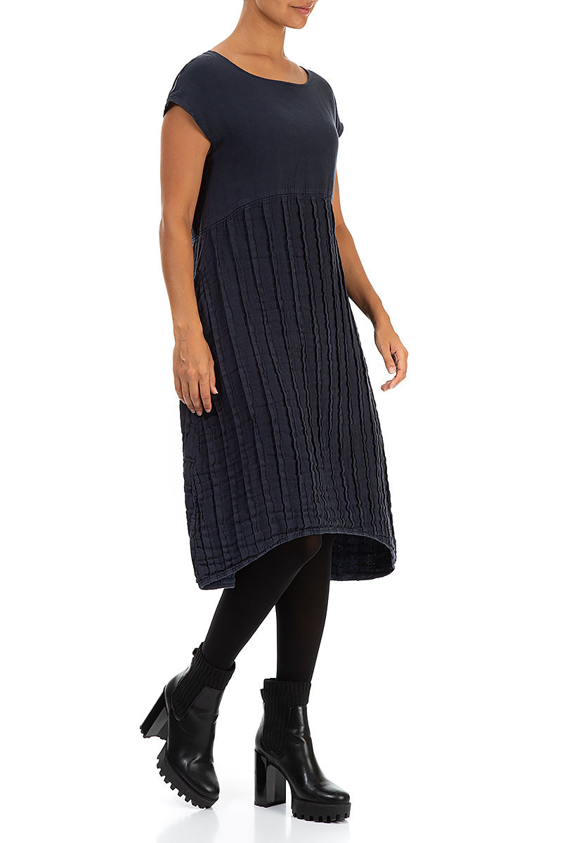 Short Sleeves Textured Navy Linen Dress 3