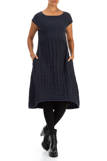 Short Sleeves Textured Navy Linen Dress 4
