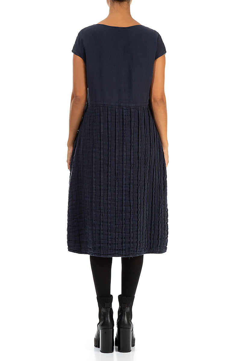 Short Sleeves Textured Navy Linen Dress 2