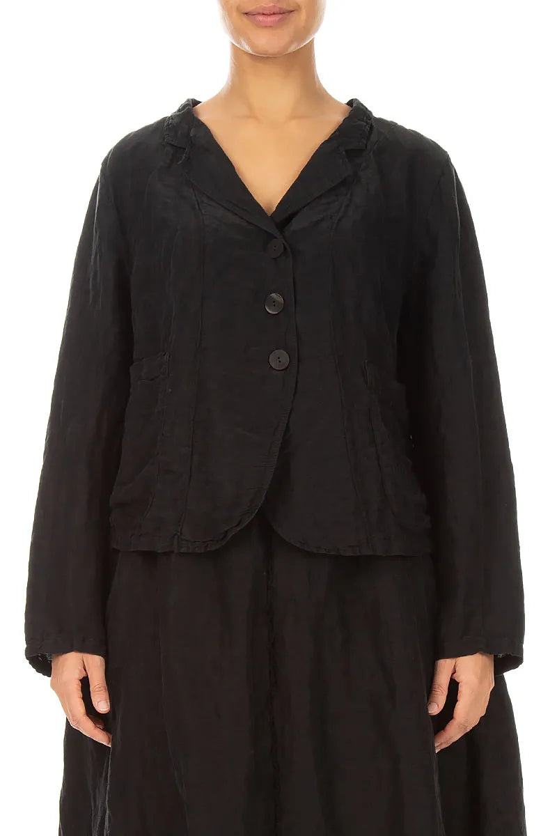 Short Textured Black Silk Linen Jacket