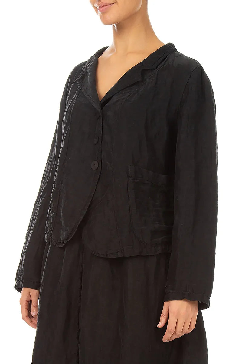 Short Textured Black Silk Linen Jacket 3