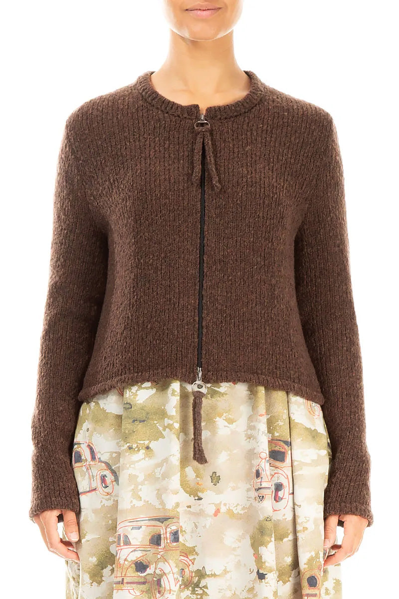 Short Zip Closed Brown Wool Cardigan 1