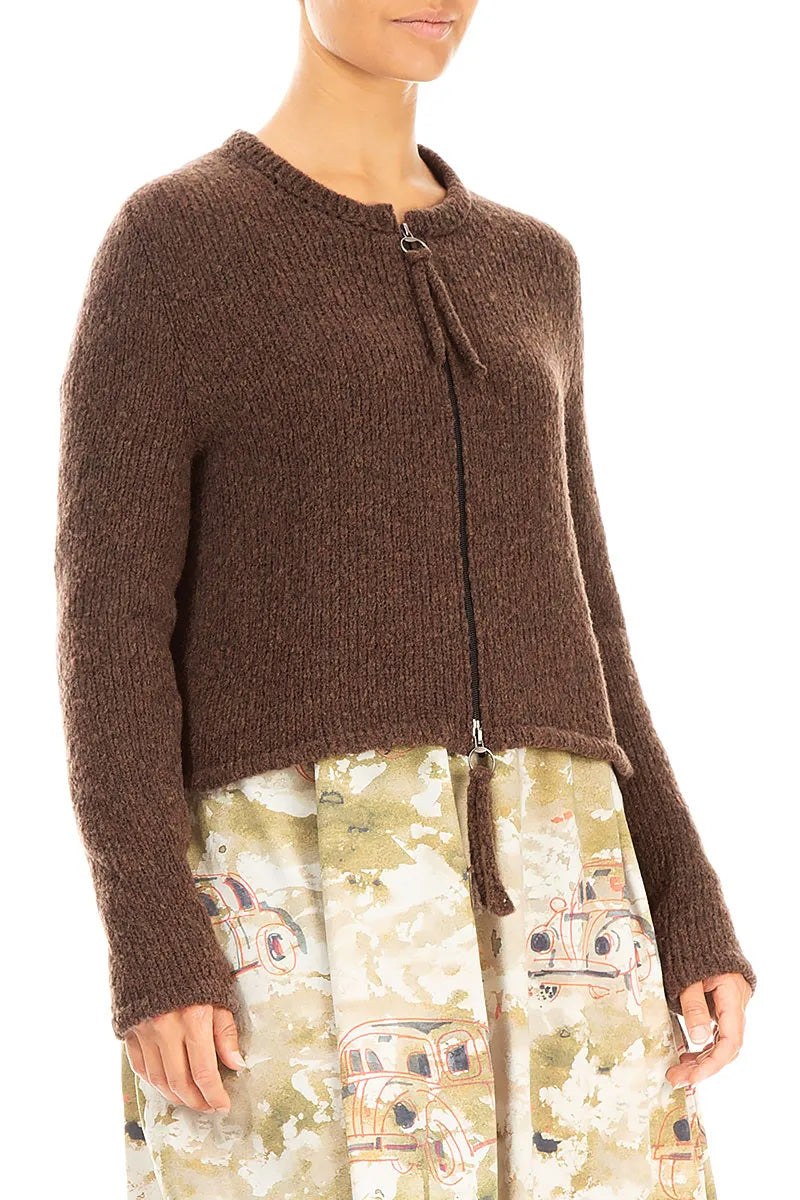 Short Zip Closed Brown Wool Cardigan 3