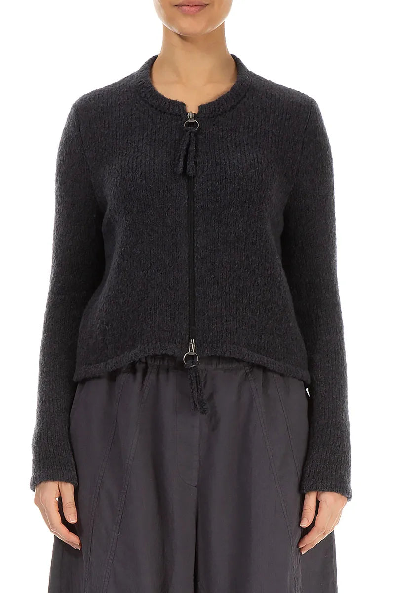 Short Zip Closed Dark Grey Wool Cardigan 1