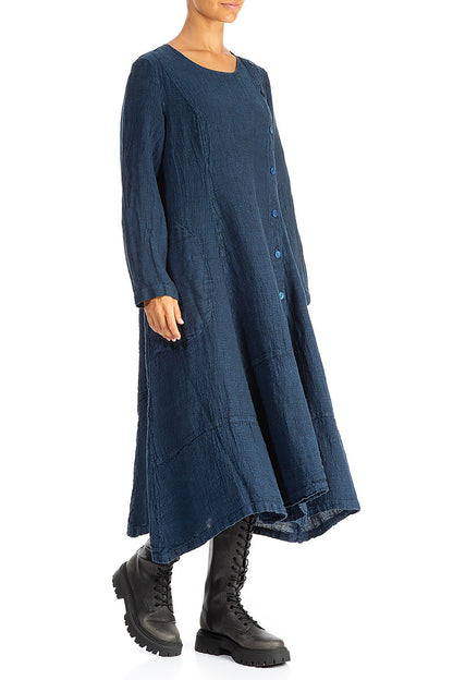 Side Buttons Azure Mélange Linen Dress