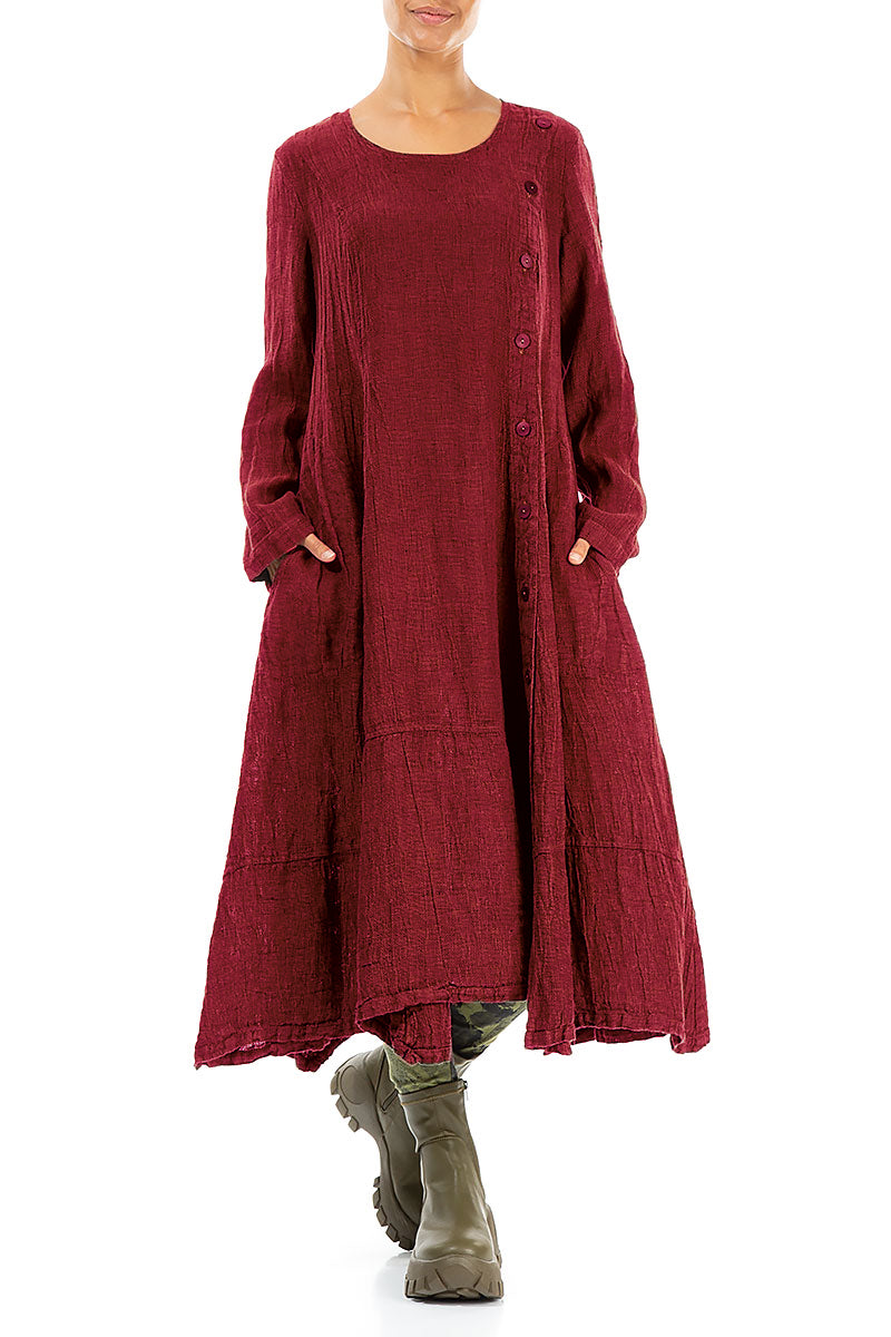 Side Buttons Cherry Red Mélange Linen Dress 4