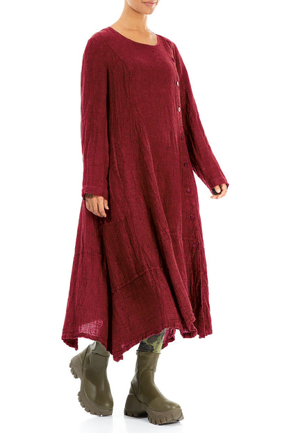 Side Buttons Cherry Red Mélange Linen Dress 3