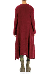 Side Buttons Cherry Red Mélange Linen Dress 2